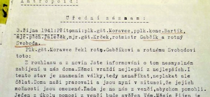 Záznam z přijetí příslušníků Anthropoidu u plk. Františka Moravce (3.10.1941)